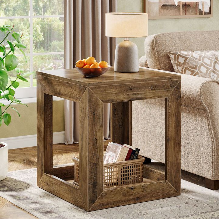 Side Table Nightstand, Square End Table with 2-Tier Storage Shelf-Brown