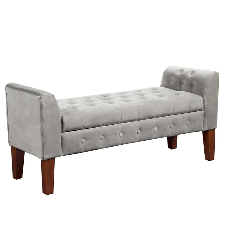 Velvet Upholstered Button Tufted Wooden Bench Settee With Hinged Storage, Gray and Brown - Benzara