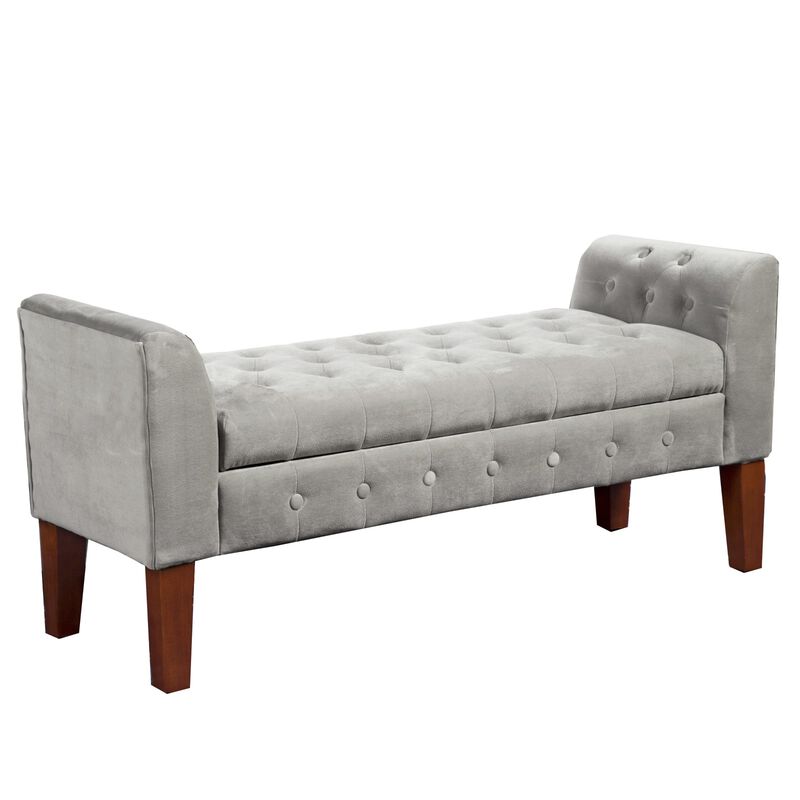 Velvet Upholstered Button Tufted Wooden Bench Settee With Hinged Storage, Gray and Brown - Benzara