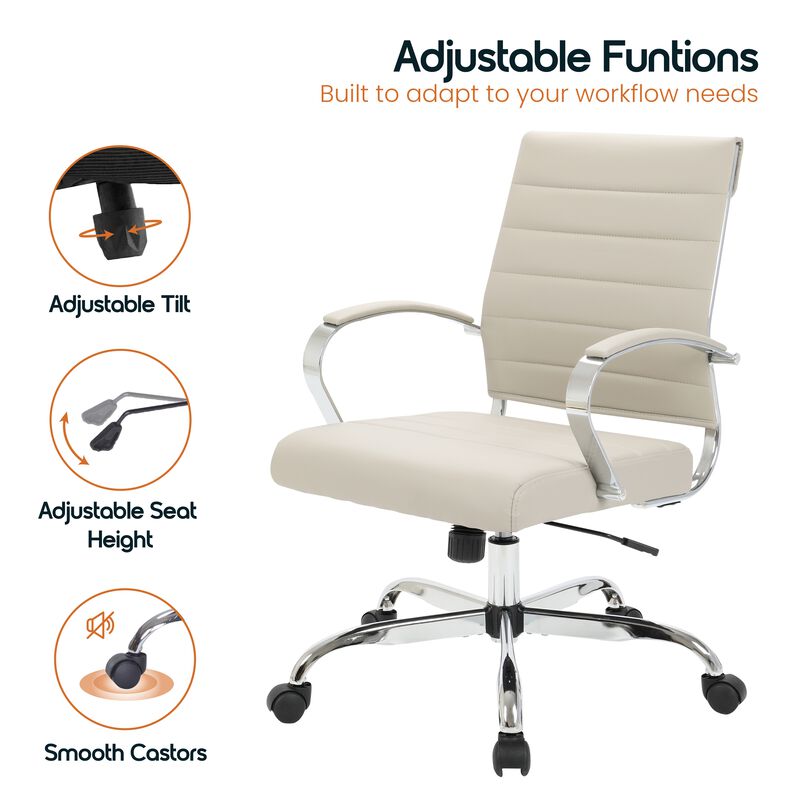LeisureMod Benmar Mid-Back Office Chair, Leather Upholstery with Swivel, Tilt, and Chrome Base, Modern Desk Seating for Home Office or Conference Room