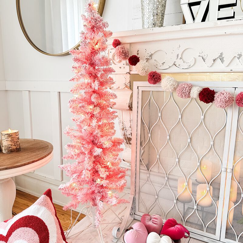 4 Foot Prelit Pink Cotton Candy Flocked Fir Christmas Tree image number 1
