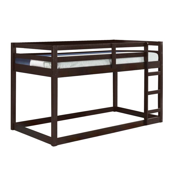 Twin Wooden Frame Loft Bed with Built In Ladder, Espresso Brown-Benzara