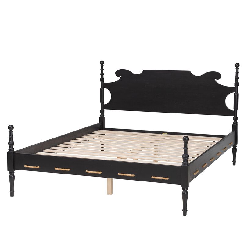 Baxton Studio Gaetano Platform Bed - Four Poster Bed Frame with Turned Posts and Panel Headboard for Bedroom, Black, Queen image number 2