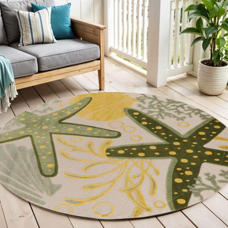 HomeRoots 5' Green Yellow Ivory And Dark Green Round Starfish Indoor Outdoor Area Rug image number 1