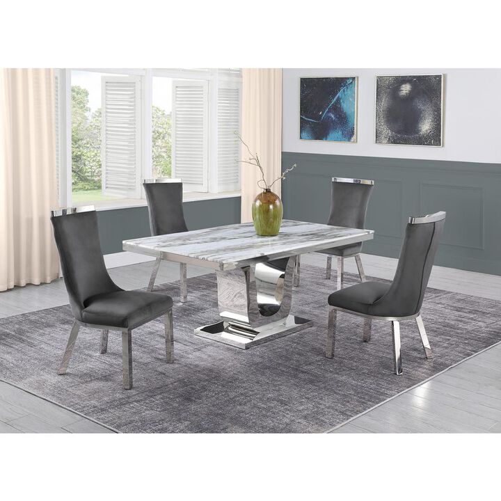 5pc dining set- Rectangle Marble table with a U shape base and 4 side chairs in Dark Grey Velvet