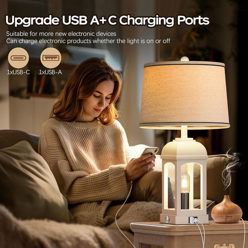 ELEMENT ACE Set of 2 3-Way Dimmable Rustic Table Lamps with USB A+C Charging Ports & Built-in Nightlight for Bedside Nightstand Bedroom Living Room Use image number 3
