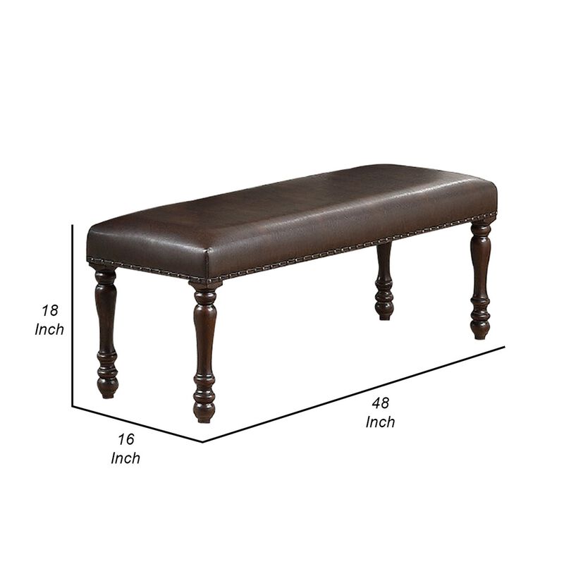Nailhead Trim Faux Leather Dining Bench with Turned Legs, Brown-Benzara