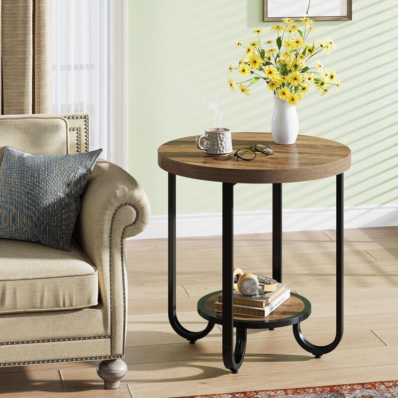 Round 2-Tier Side Table Nightstand with Curved Metal Legs, End Table image number 1