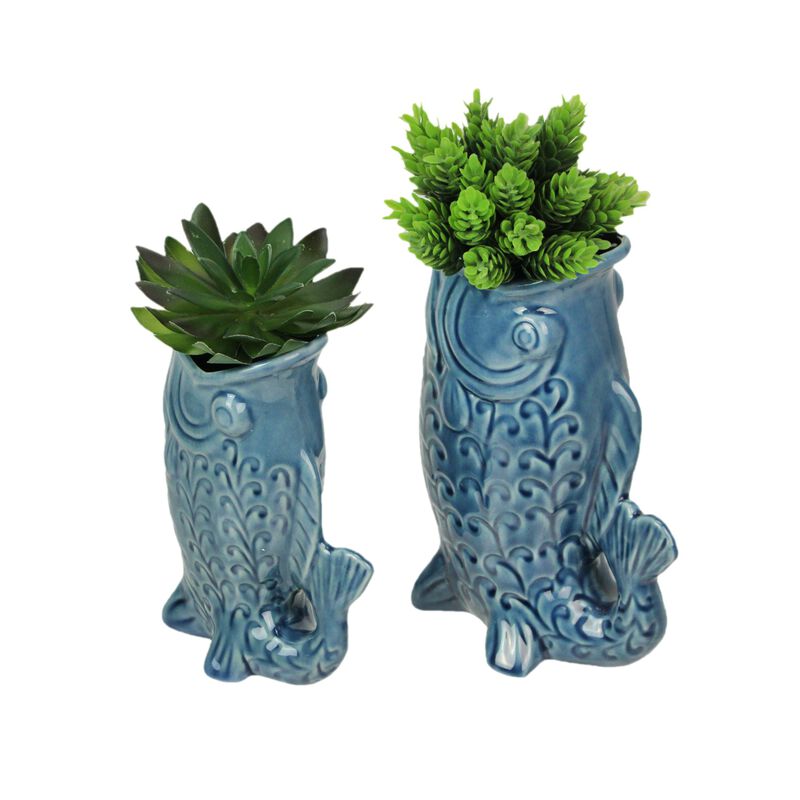 Blue Fish Decorative Vases Set Of 2 Glossy Ceramic Coastal Tabletop image number 3