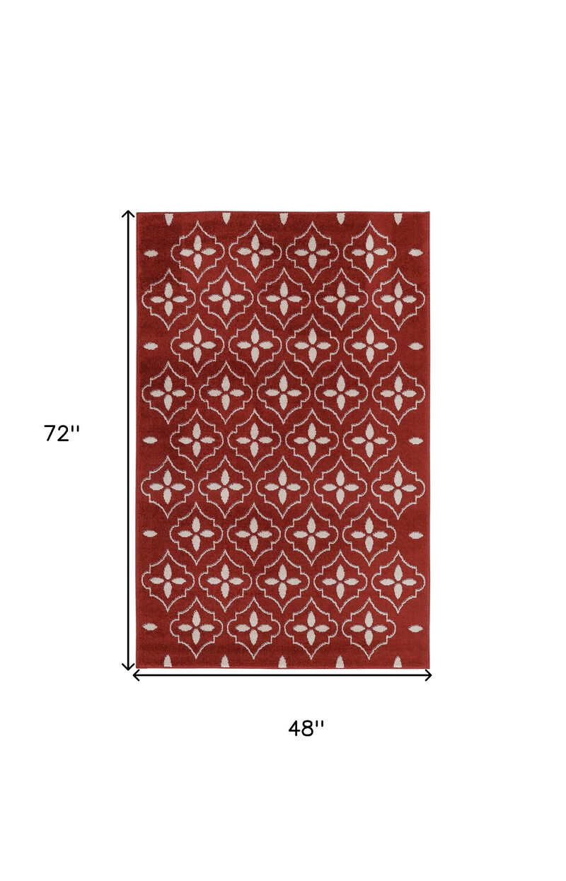 HomeRoots 4' X 6' Brick Red And Ivory Geometric Indoor Outdoor Area Rug image number 3