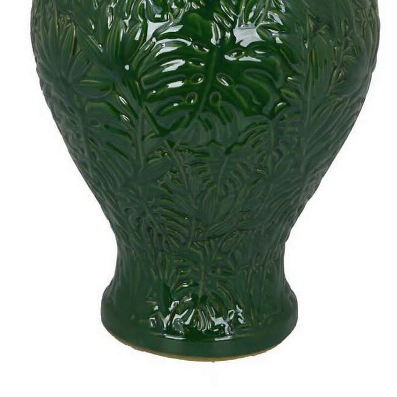 Aniea 18 Inch Accent Temple Jar, Geometric Design, Dome Lid, Green Ceramic - Benzara