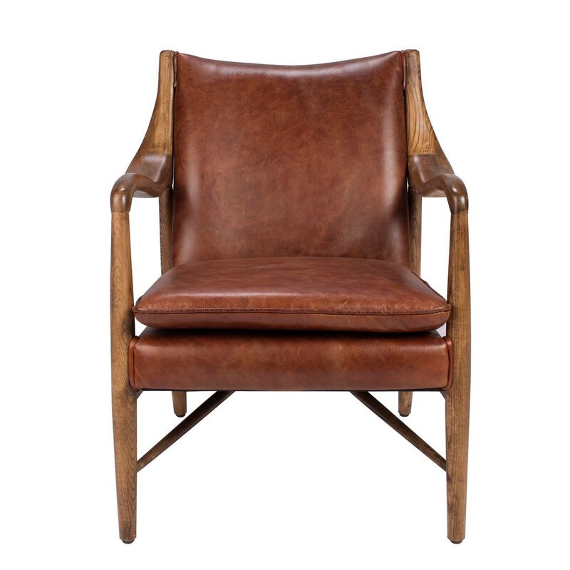 29 Inch Classic Wood Club Chair, Top Grain Leather Seat, Curved Arms, Brown-Benzara image number 2