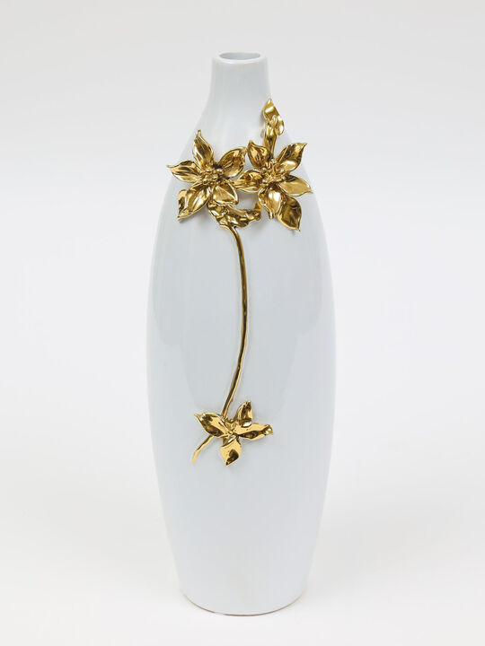 HomeRoots 18" Gold Floral Oval Ceramic Table Vase With Sculptural Details