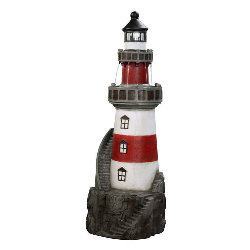 Teamson Home Outdoor Solar Light House Fountain with Rotating LED Light, Red/White image number 0