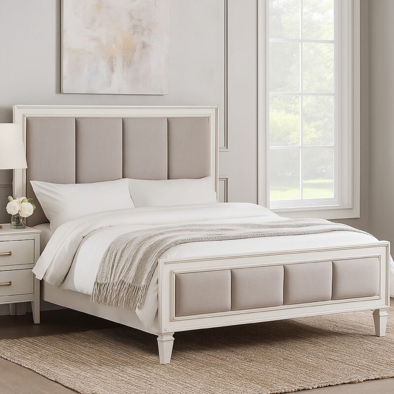 Queen Bed with Channel Tufted Fabric Padding, White and Gray