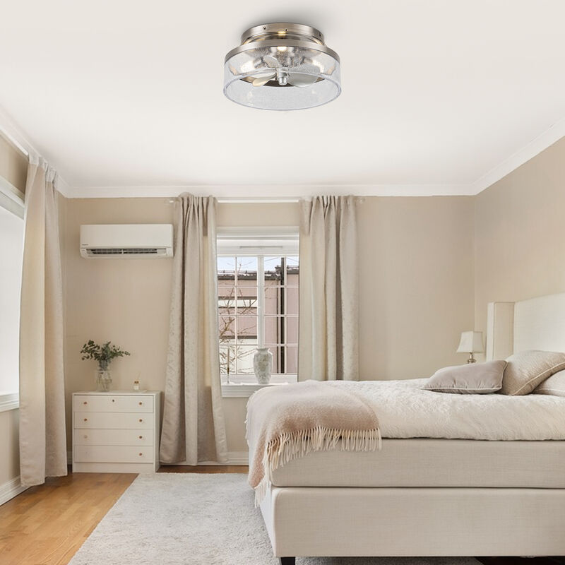 12.6" Small Satin Nickel Flush Mount Ceiling Fan with Light