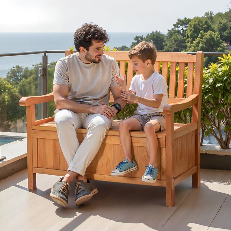 Outdoor Storage Bench, 2-Person Wooden Deck Box with Side Handles, Weatherproof image number 1