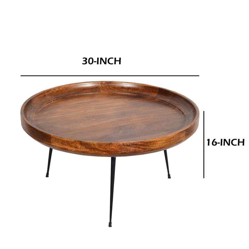 Gia Round Mango Wood Coffee Table With Splayed Metal Legs, Brown and Black