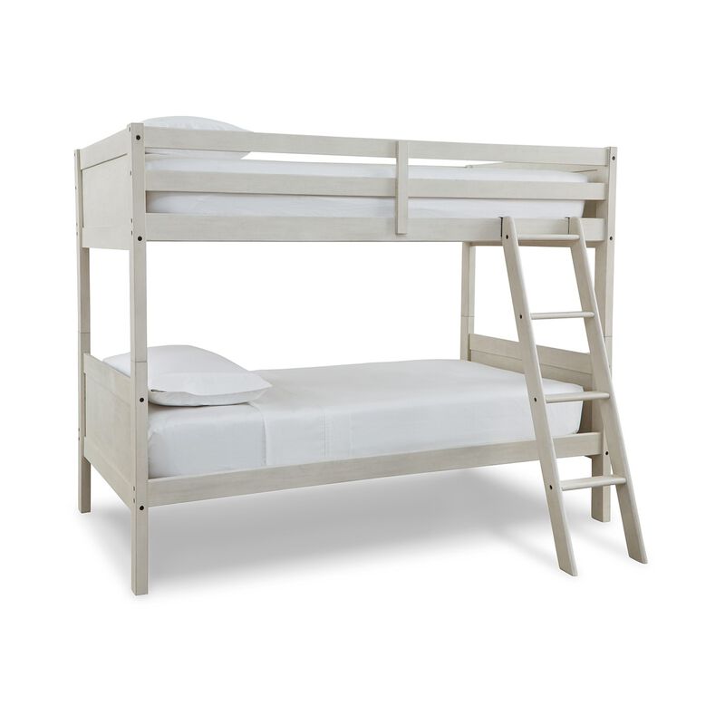 Lea Twin Size Bunk Bed, Wooden Ladder, Traditional Crisp White image number 0