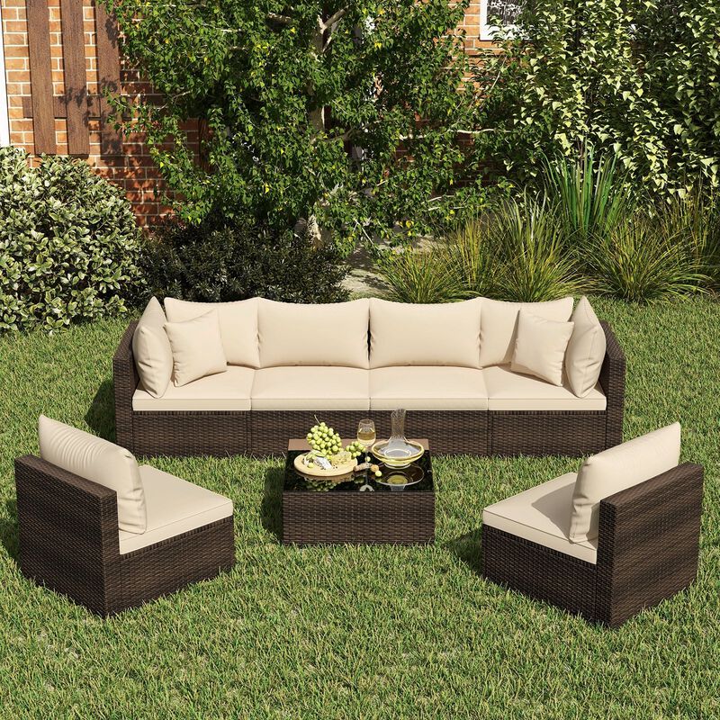 Mondawe 7 Pieces Patio Rattan Furniture Set with Sectional Sofa Cushioned