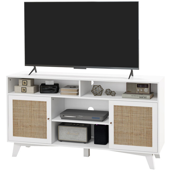 HOMCOM TV Stand for 65 Inch TV, Boho TV Cabinet with Rattan Doors, Adjustable Shelves, Storage Cabinets and 4 Open Shelves, Entertainment Center for Living Room, White