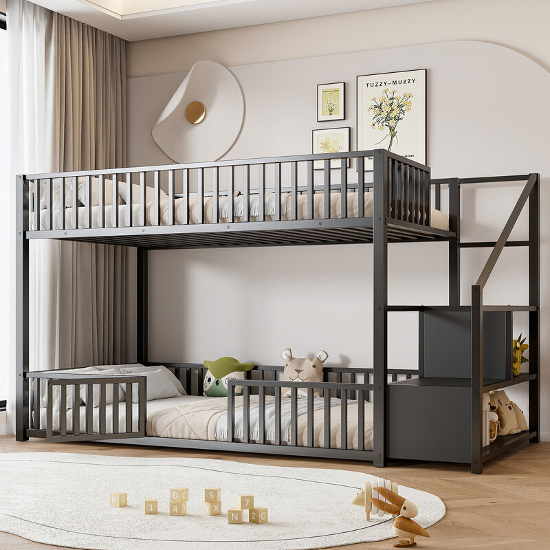 Merax Low-Profile Twin Over Twin Metal Bunk Bed with Storage Ladder image number 2