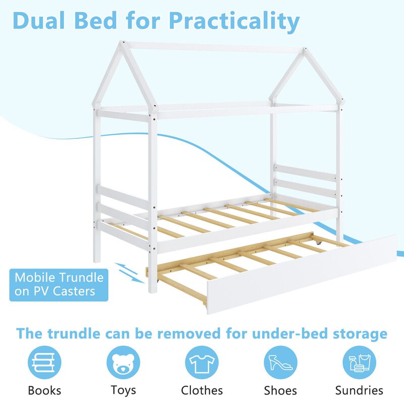 Kids Bedroom Wooden Bed Frame with Roof &ndash; Platform Bed for Boys & Girls