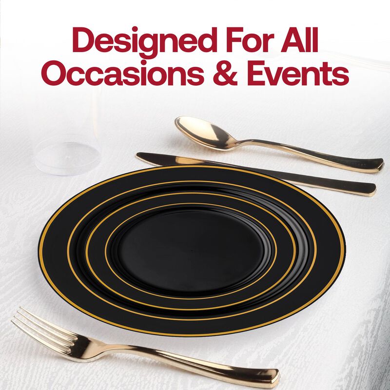 10.25" Black with Gold Edge Rim Plastic Dinner Plates (120 Plates) image number 6