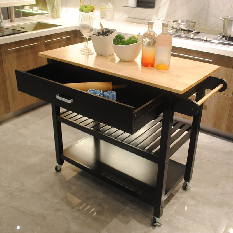 Kitchen Island & Kitchen Cart, Mobile Kitchen Island with Two Lockable Wheels, Rubber Wood Top, Black Color Design Makes It Perspective Impact During Party