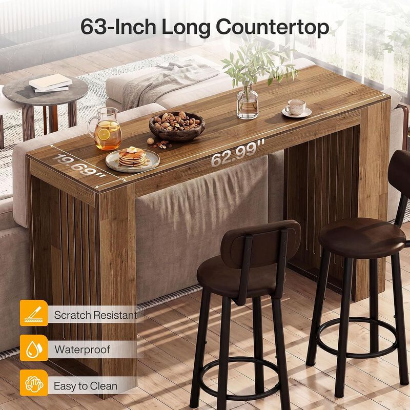 63 Inch Long Brown Counter Height Bar Table for Home Bar and Dining Room image number 4