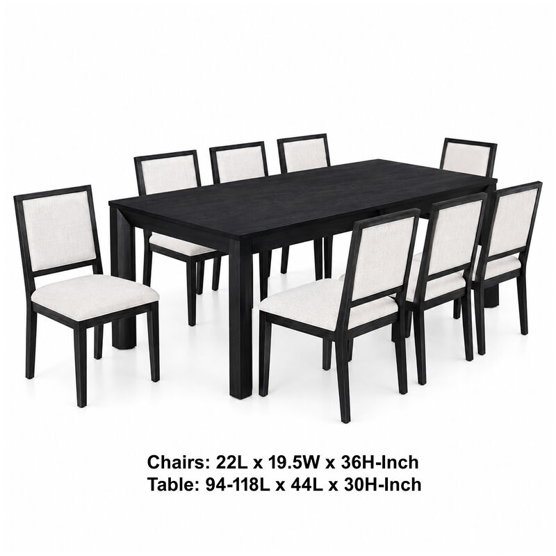 Kizie 9pc Dining Table Set, 94-118 Inch Extendable, Black Wood Chairs image number 8