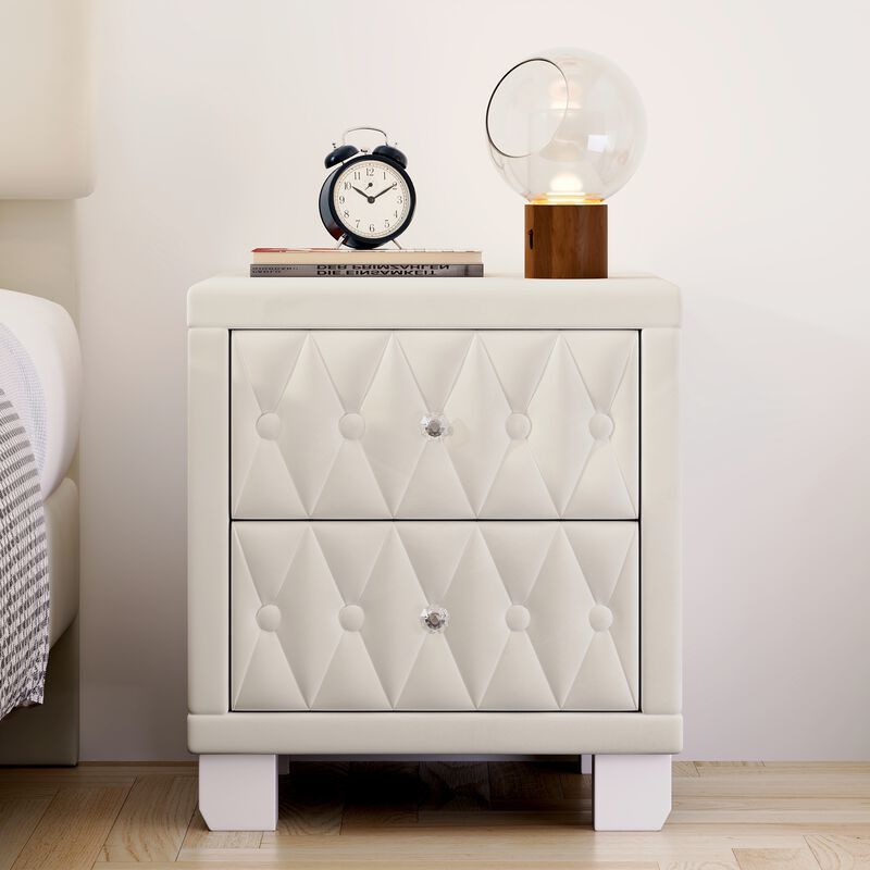 Elegant Velvet Nightstand with 2 Drawers and Crystal Handle, Storage Bedside Table with Button-Tufted