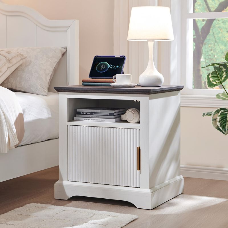 Fluted Wood Nightstand with USB & AC Charging, 22" Wide Side Table, Open Shelf
