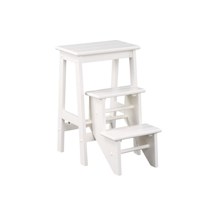 Benjara 24 Inch 3 Level Step Stool, Plank Tops and Safety Latch, Classic White Wood