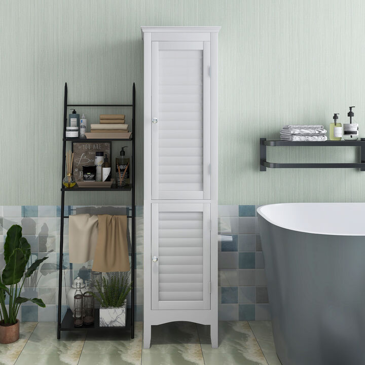 Tall Bathroom Floor Cabinet with Shutter Doors and Adjustable Shelf