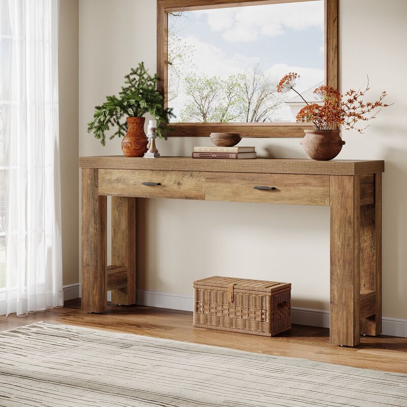 Tribesigns Country Rustic Wood Console Table with Drawers image number 1