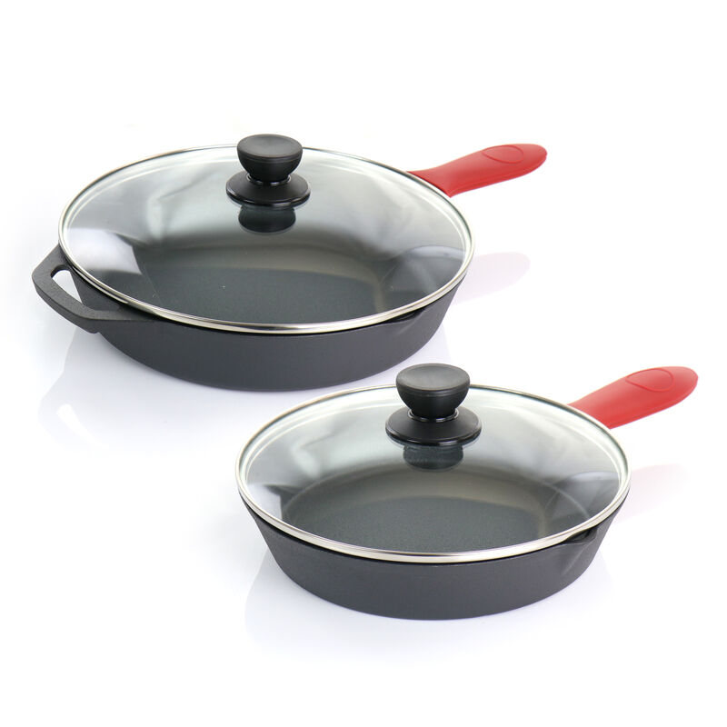 MegaChef Pre-Seasoned 6 Piece Cast Iron Skillet Set with Lids and Red Silicone Holders image number 5