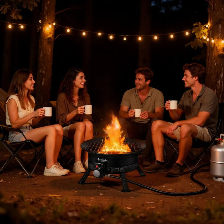 Portable Gas Fire Pit 53,000 BTU with Adjustable Flame, Lava Rocks & Grill Grate-Black