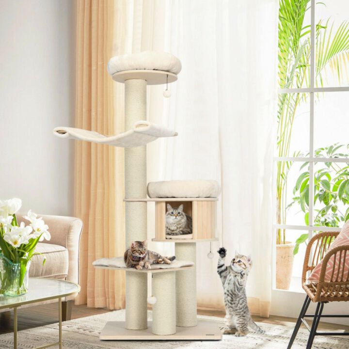 4-Layer 68.5-Inch Wooden Cat Tree Condo Activity Tower with Sisal Posts