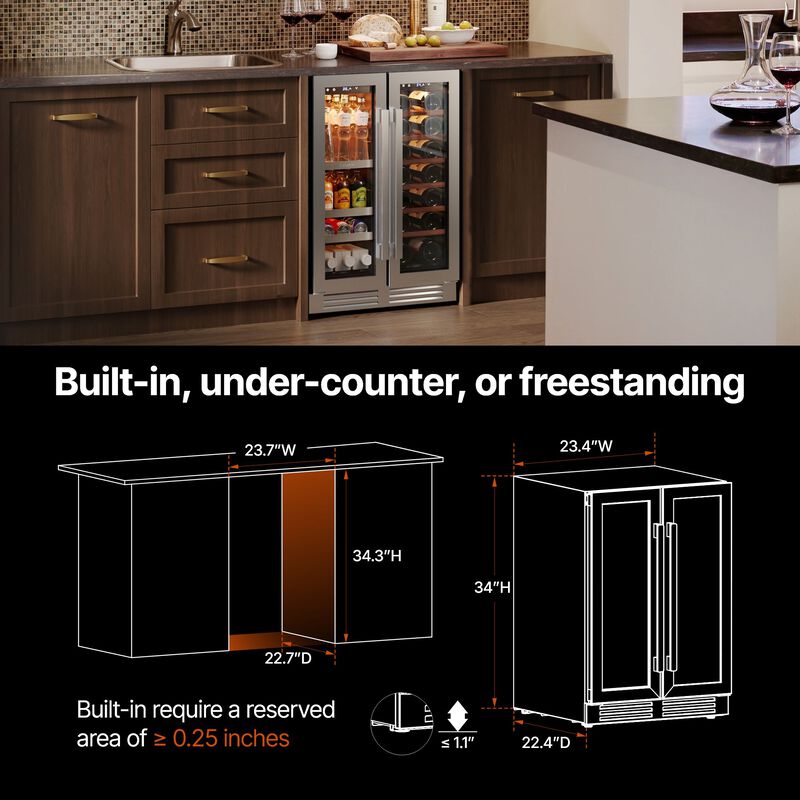 24 Inch Wine and Beverage Refrigerator, 3 Color LED, Dual Zone Wine Fridge,20 Bottles &60 Cans,Built-in Beverage Cooler image number 4