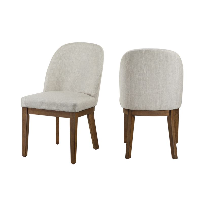 Enix Dining Chair Set of 2, Curved Back, Brown Wood, Gray Polyester - Benzara