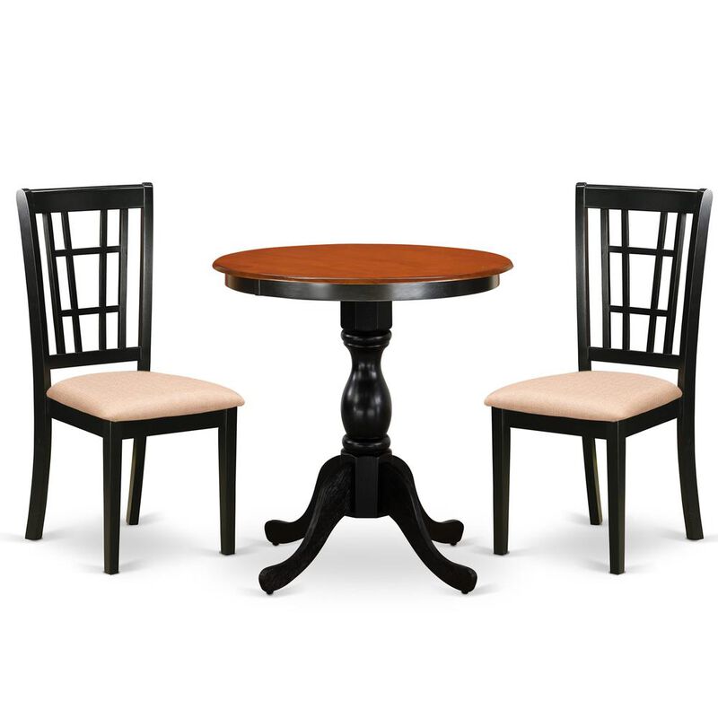 East West Furniture 3-Piece Dining Table Set Include a Modern Dining Table and 2 Linen Fabric Dining Room Chairs with Slatted Back- Black Finish