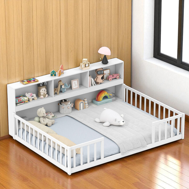 Montessori Floor Bed with Bookcase, Kids' Bed with Storage for Easy Access