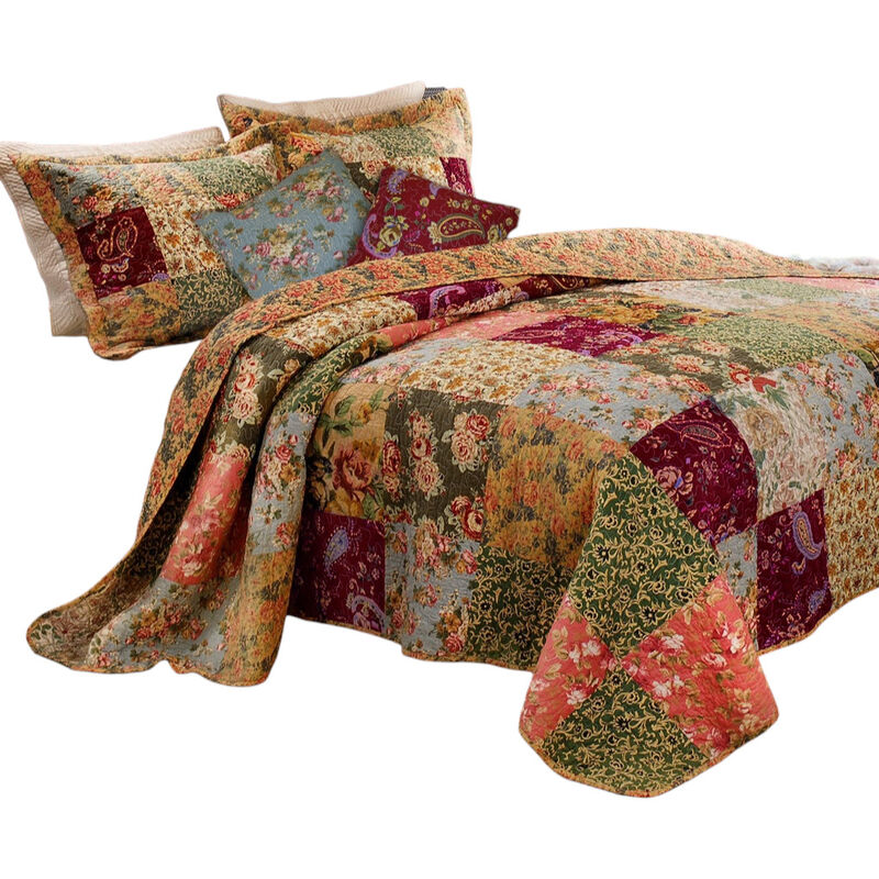 100% Cotton Reversible Quilt Set – Patchwork Style with Paisley Floral Pattern