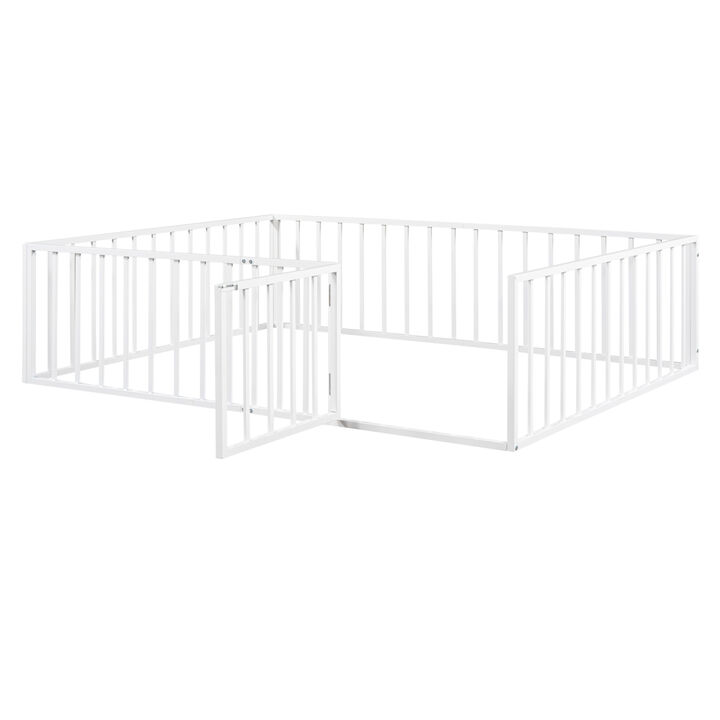 Queen Size Metal Floor Bed Frame with Fence and Door, White