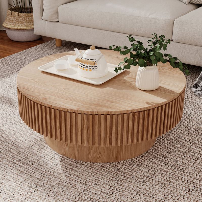 Round coffee table with storage Solid wood veneer and MDF coffee table with fluted base Modern accent coffee table for small spaces image number 5