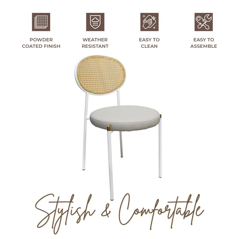 LeisureMod Velvet/Leather Dining Chair Rattan Back Side Chair Comfortable Kitchen Chair with Stainless Steel Base Euston Collection, Set of 2