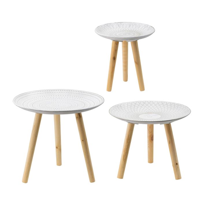 Benjara 12, 16, 18 Inch Side Tables Set of 3, Finished Pattern MDF Top, White and Brown