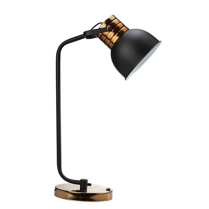 24 Inch Table Lamp, Angled Stem, Round Base, Metal, Black, Antique Gold - Benzara
