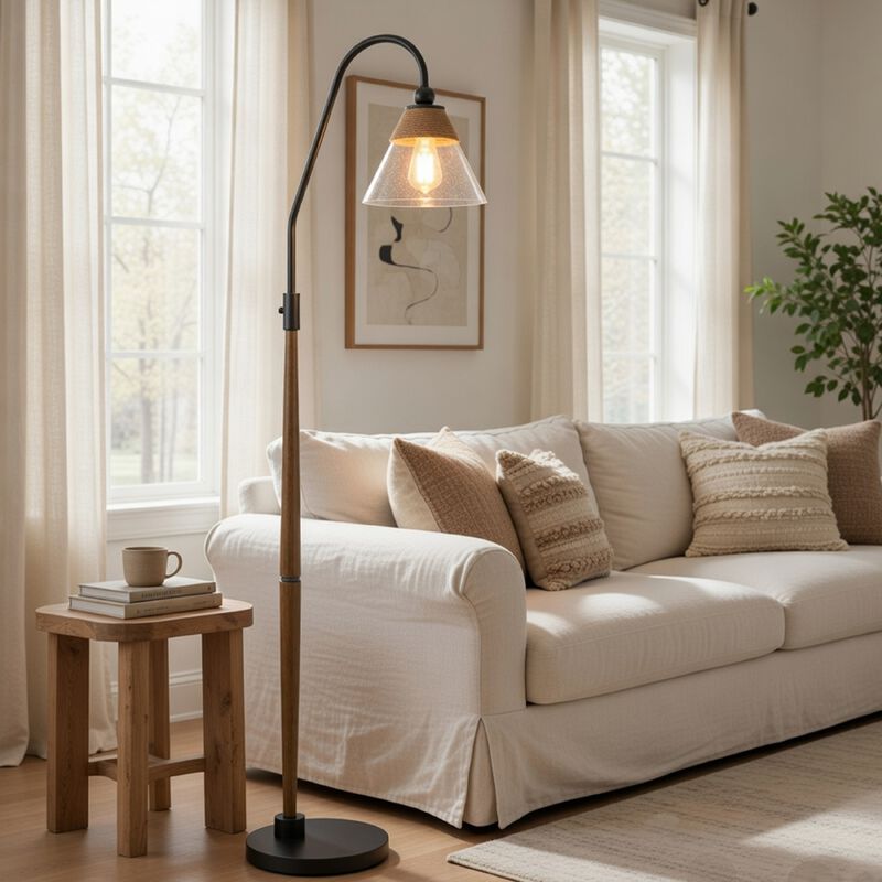 Floor Lamp, Bubble Glass Shade, Rope Accents Industrial Wood, Black 71 Inch image number 8